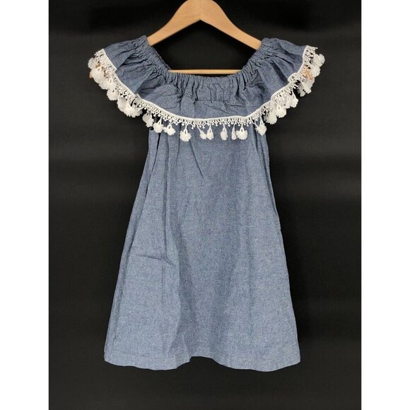 5L2F Denim Off-Shoulder Dress With White Tassel Trim Girls S Blue USA Boho Chic - Picture 2 of 8